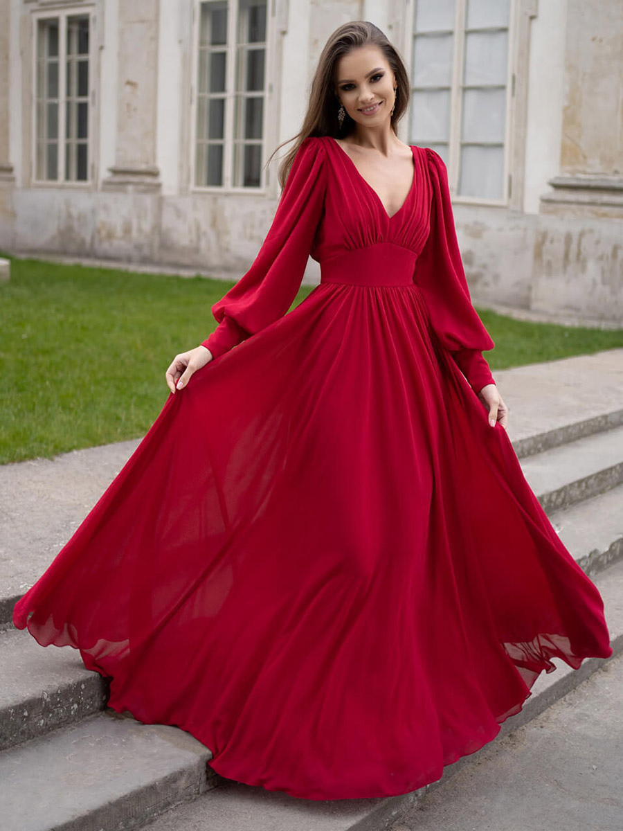 Robes De Soirée Robe Semi-Formelle Bordeaux Plissée À Col En V Manches Longues