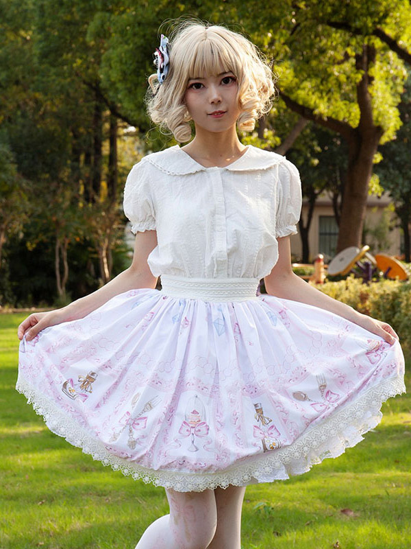 Jupes Lolita Harajuku Lolita SK À Volants Rose Clair À Imprimé Fleurie