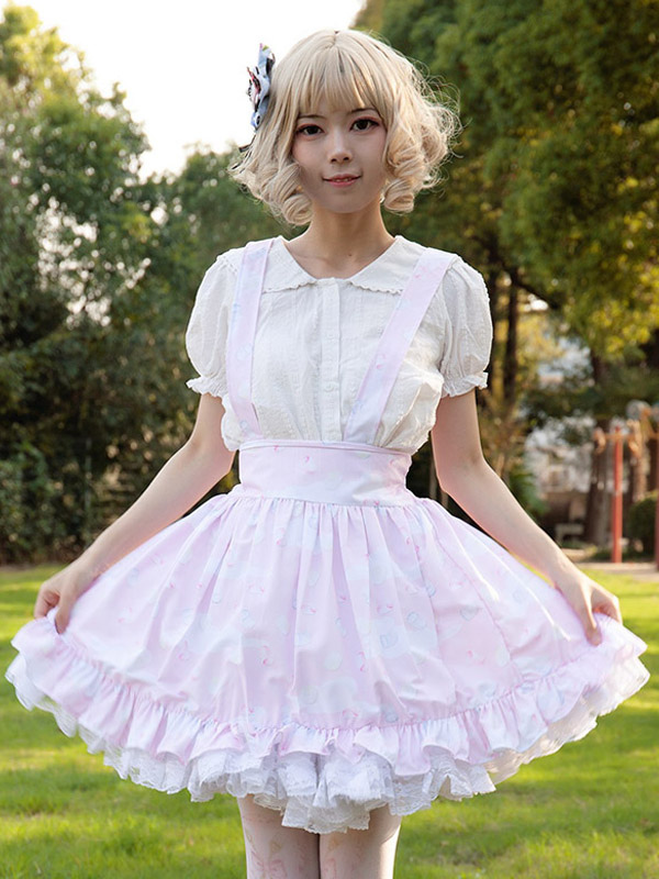 Jupes Harajuku Mode Lolita SK Volants Rose Imprimé Fleuri Lolita