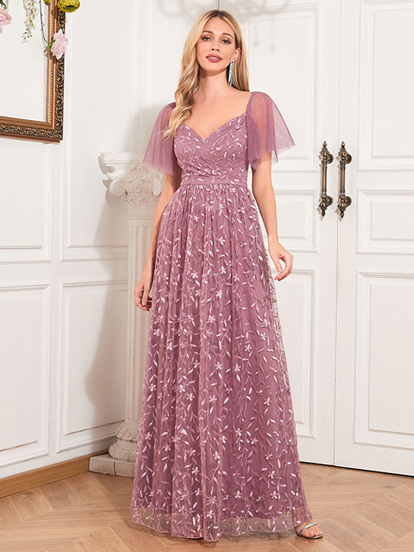 Robe De Soirée Longue Rose Col En V Plissé Manches Courtes Transparente Ligne A