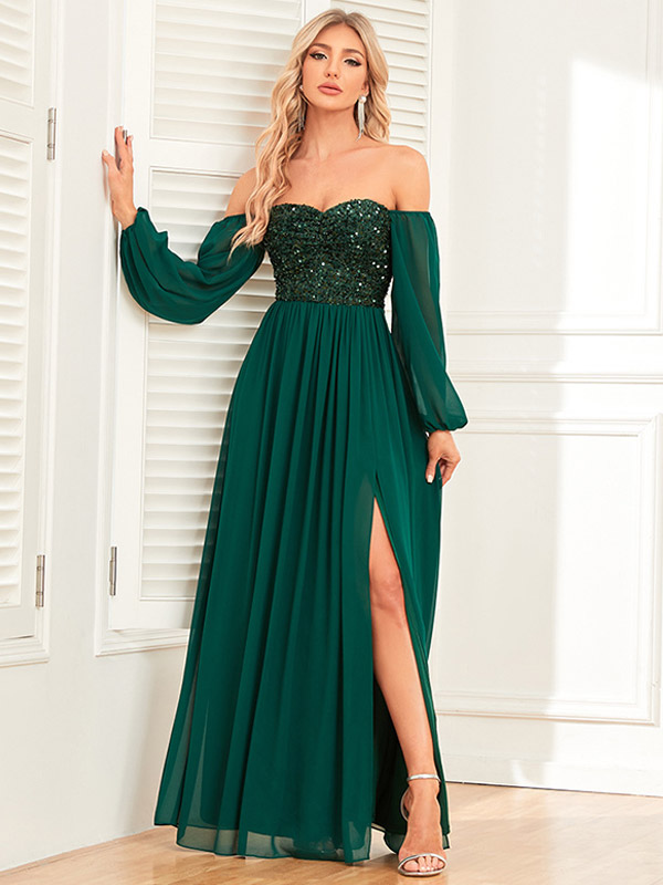 Robe De Soirée Longue À Paillettes Vert Foncé Manches Longues Fente