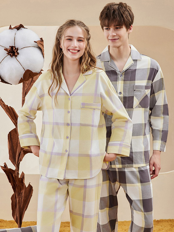 Tenues De Maison Pyjama Col Rabattu Manches Longues Plaid Coton