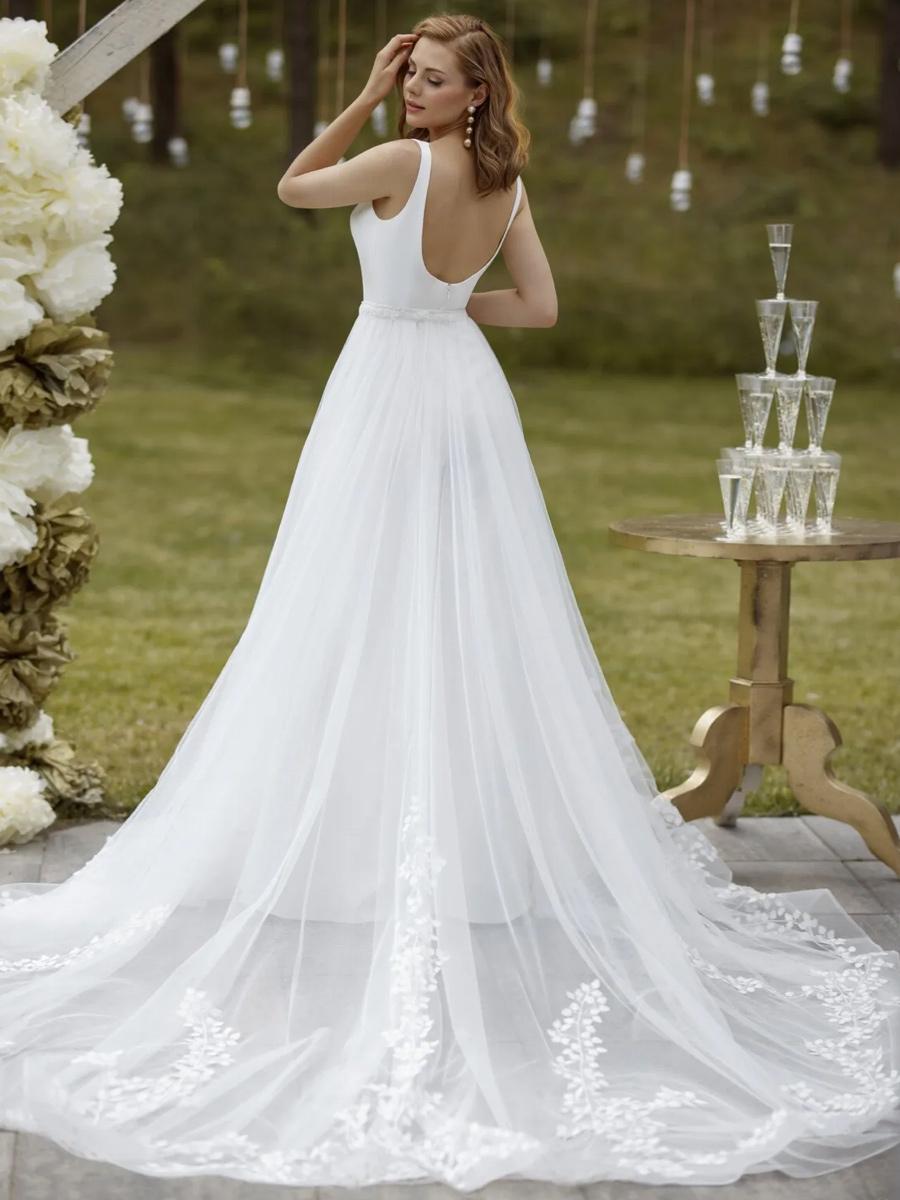 Back view Bridal Jumpsuit Satin Fabric Sash Court Train Jumpsuit V-Neck Sleeveless Natural Waist Ivory