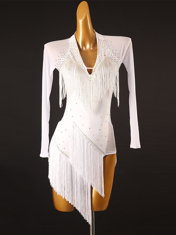 Costume de danse latine robe blanche en Lycra et spandex pour femmes vêtements de danse