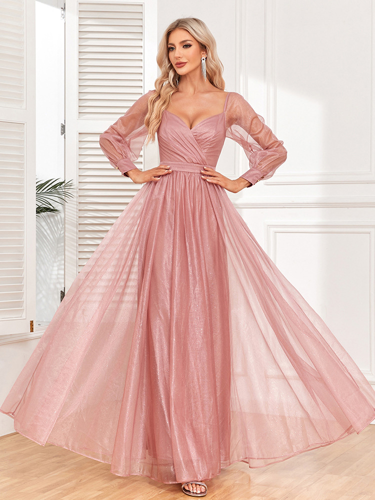 Robes De Soirée Robe Semi-Formelle Rose À Col En Cœur Plissée À Manches Longues