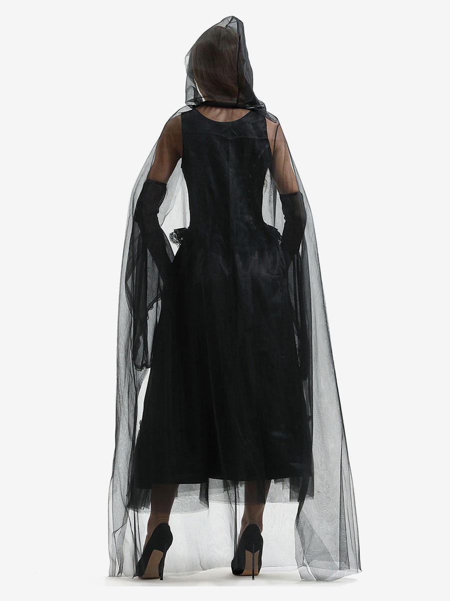 Disfraces de brujas de Halloween para mujeres Vestido largo de tul negro  Capa de poliéster Disfraces de vacaciones Conjunto completo -  