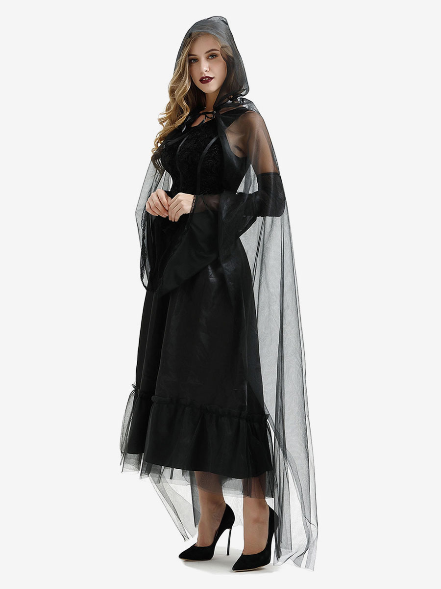 Disfraces de brujas de Halloween para mujeres Vestido largo de tul negro  Capa de poliéster Disfraces de vacaciones Conjunto completo -  