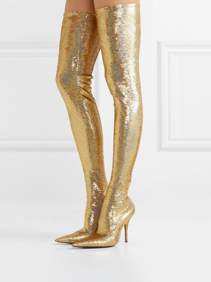 Womens thigh high Boots Light Gold Toe Bright Leather Winter For Women - Milanoo.com