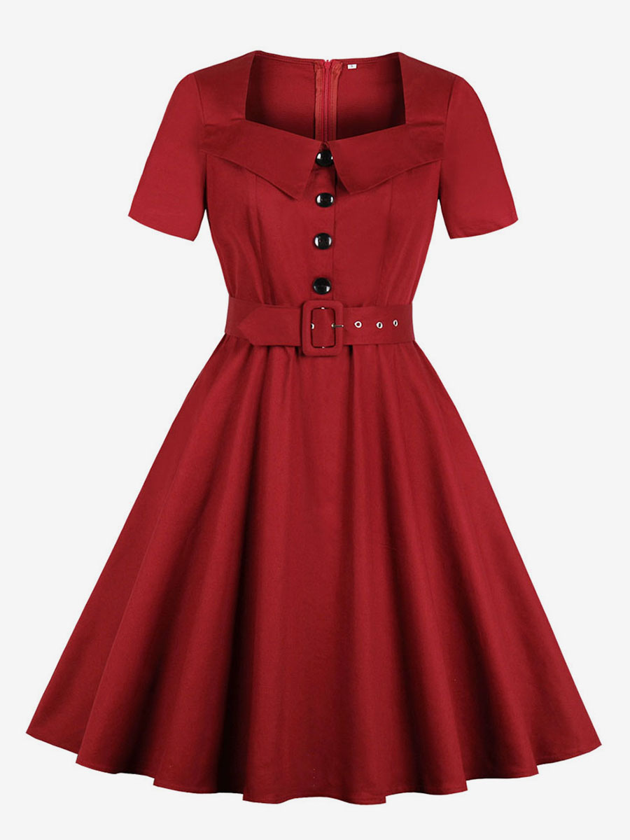 Robe de Vintage 1950s Femme Courte à Col Carré avec Manches Courtes Coupe Cintrée à Lacets avec Boutons Bas Evasée Unicolore Robe Rétro Vintage