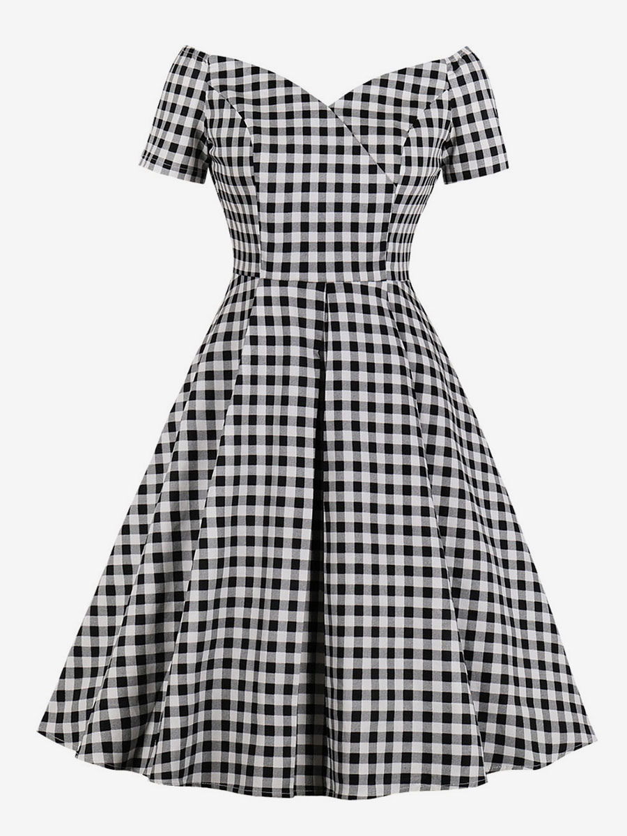 Robe de Vintage 1950s Imprimés Carreaux Femme Courte à Col V avec Manches Courtes avec Epaule Dénudée Coupe Cintrée Bas Evasée Bicolores Robes de Rétros