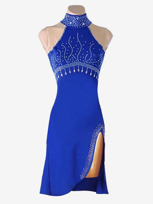 Costume de danse latine Costume Blue Women's Strass High-Slit Bullon Sexy Polyester Robe De Danse Costume