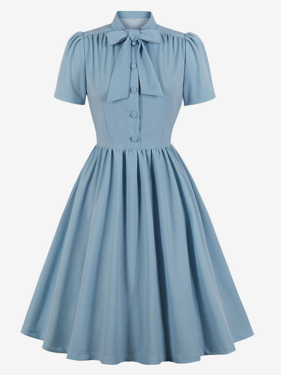 Robe de Vintage 1950s Courte Femme à Col V avec Noeud avec Manches Courtes Amples Coupe Cintrée avec Boutons Bas Evasée Unicolore Robe de Rétro Robe Eté