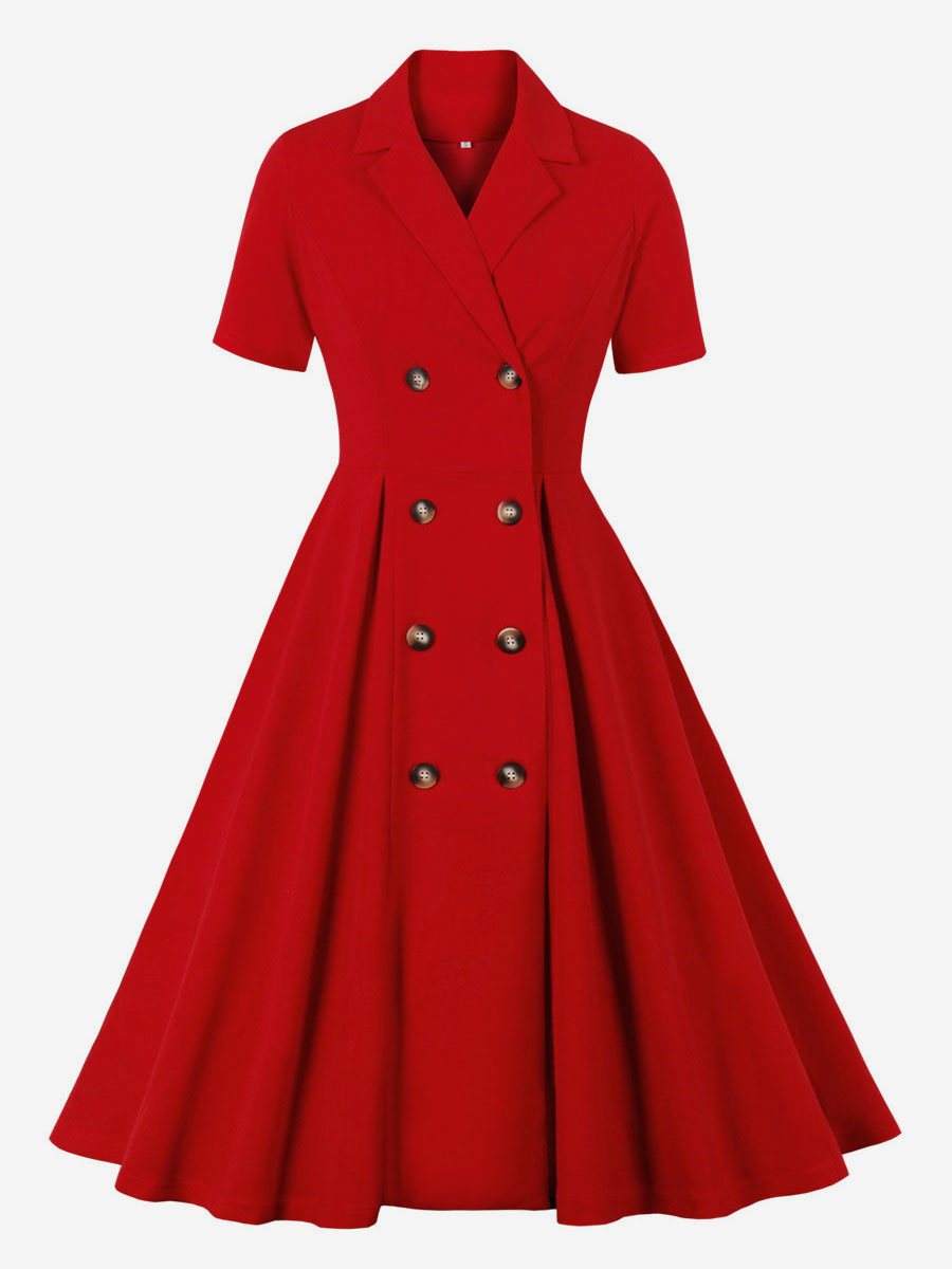 Robe de Vintage 1950s Courte Femme à Col Revers avec Manches Courtes Coupe Cintrée avec Boutons Bas Evasée Unicolore Robe de Rétro Robe Eté