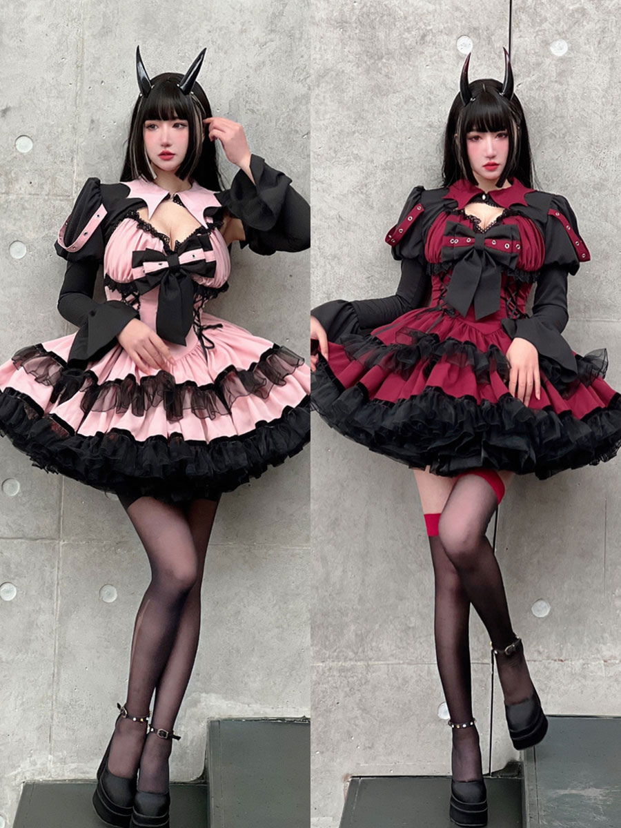 Robes Courtes Gothiques Lolita Rose Rouge Sexy Mignonne Cintrée À Lacets