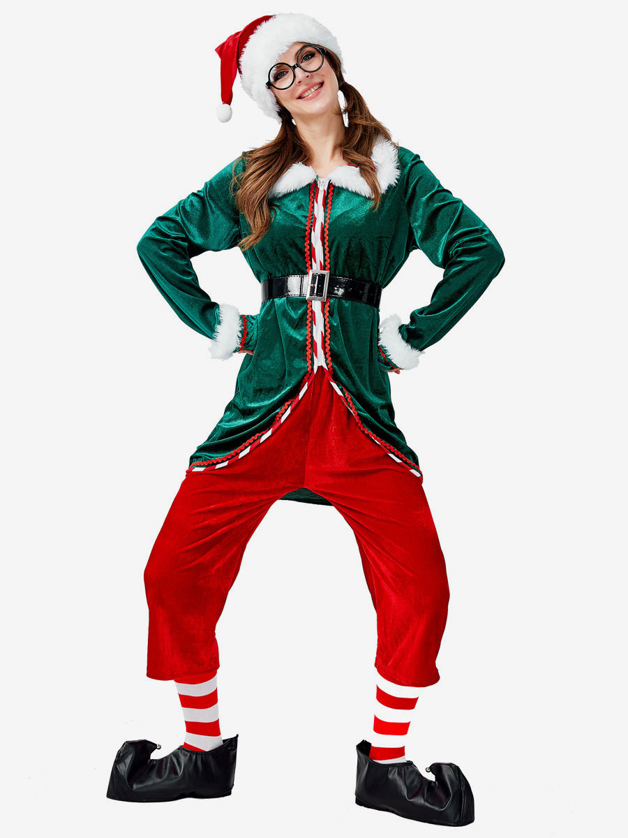 Costume D'elfe De Noël Vert - Taille Unique Adulte/enfant - Inclus Robe, Chapeau, Ceinture Et Chaussettes Rayées