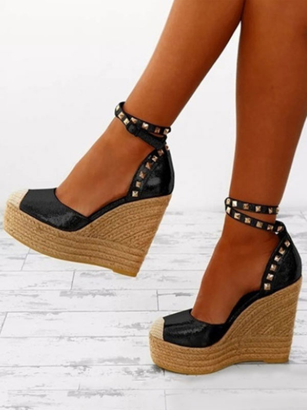 Black Wedge Sandals Round Toe Platform Rivets Ankle Strap Espadrilles ...