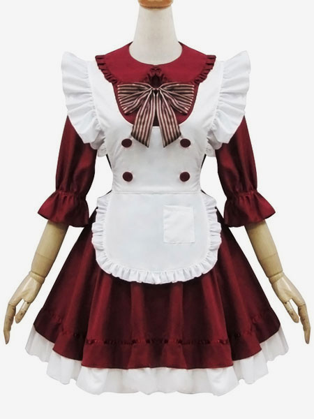 Maiden Style Lolita OP Dress Ruffle Bow Button Decor Burgundy Lolita ...