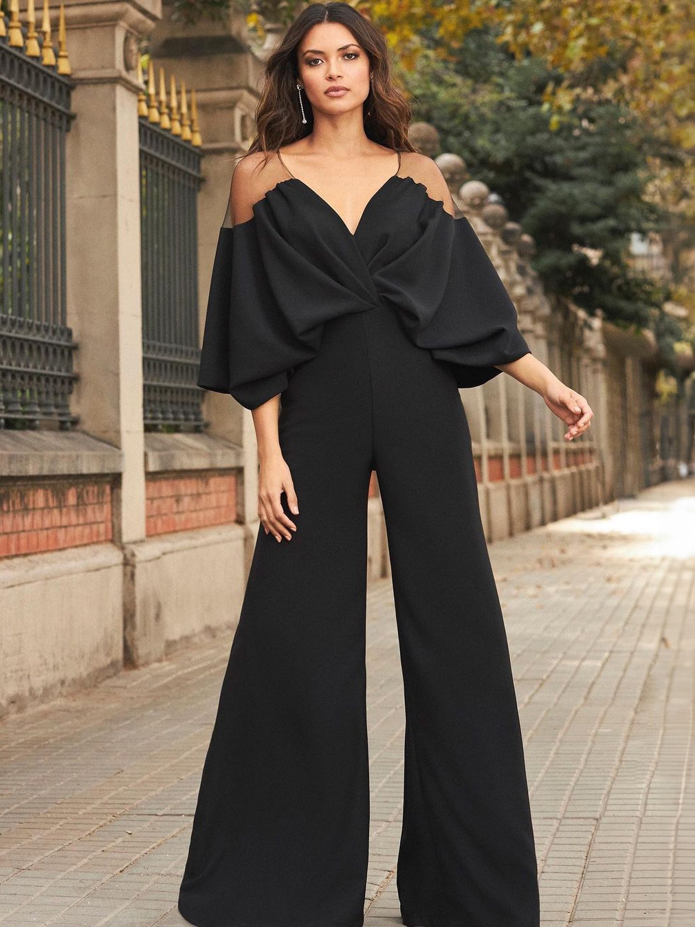 Black V-Neck 3/4 Length Sleeves Cut Out Sheer Polyester Wide