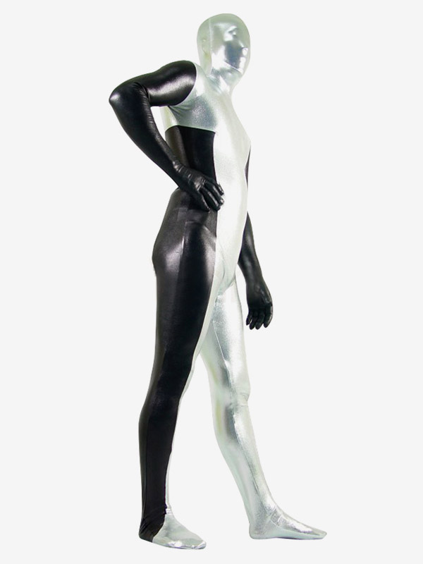 Silver & Black Shiny Metallic Unisex Zentai Suit