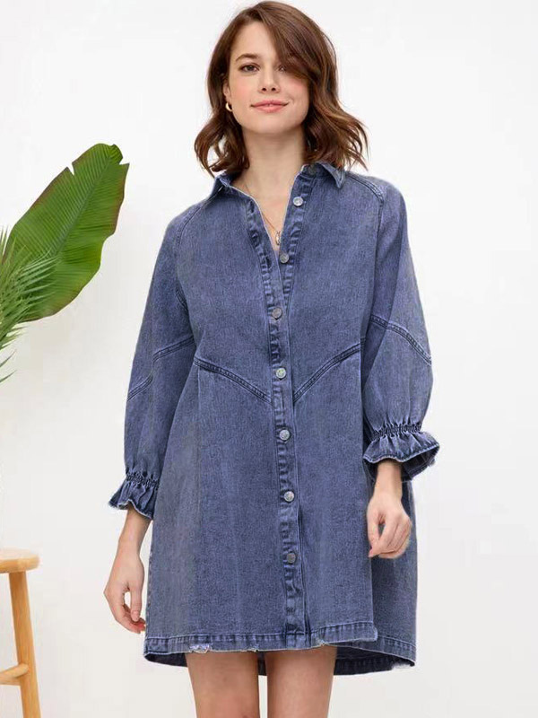 Robes chemises noires Col rabattu Boutons Manches 3/4 Denim Mini Robes