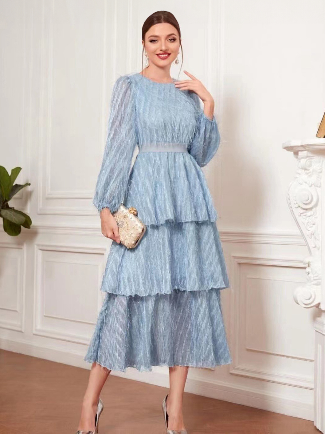 Blue Birthday Party Dresses Crew Neck Long Sleeves Tiered Maxi Dress ...