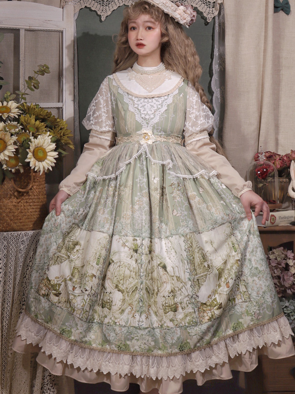 Classical Lolita Dress Cotton Short Sleeves Lolita Dresses Floral Print Classic Green