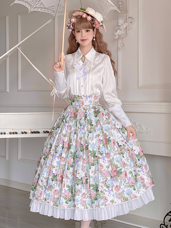 Jupe Lolita de style pastoral Jupes Lolita à volants blancs à imprimé floral