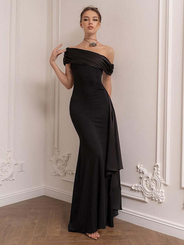 Robe de bal noire une épaule plissée asymétrique robes longues convertibles