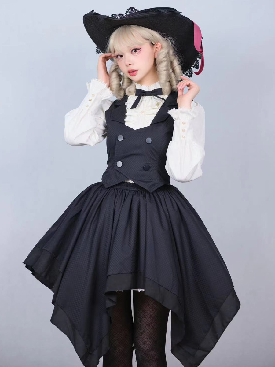 Gothic Lolita Outfits Black Lace Bows Long Sleeves Skirt Blouse