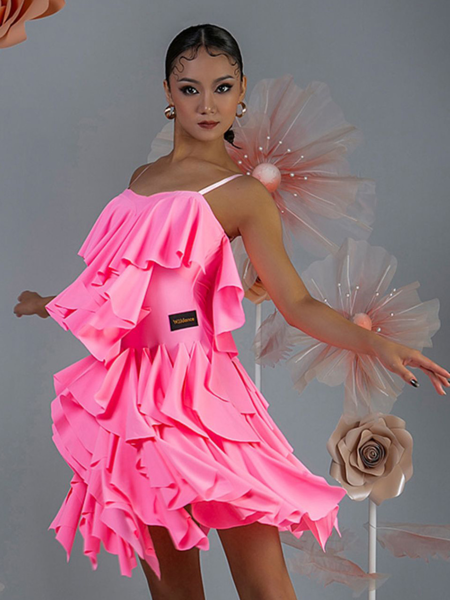 Costume de danse latine rose pour femmes ensemble superposé de volants robe élégante en Polyester Costume de danse