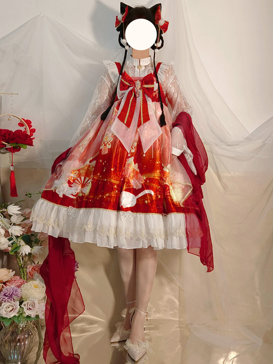 Costumes Lolita de style japonais Robes Lolita Volants en polyester Imprimé rouge Kimono JSK