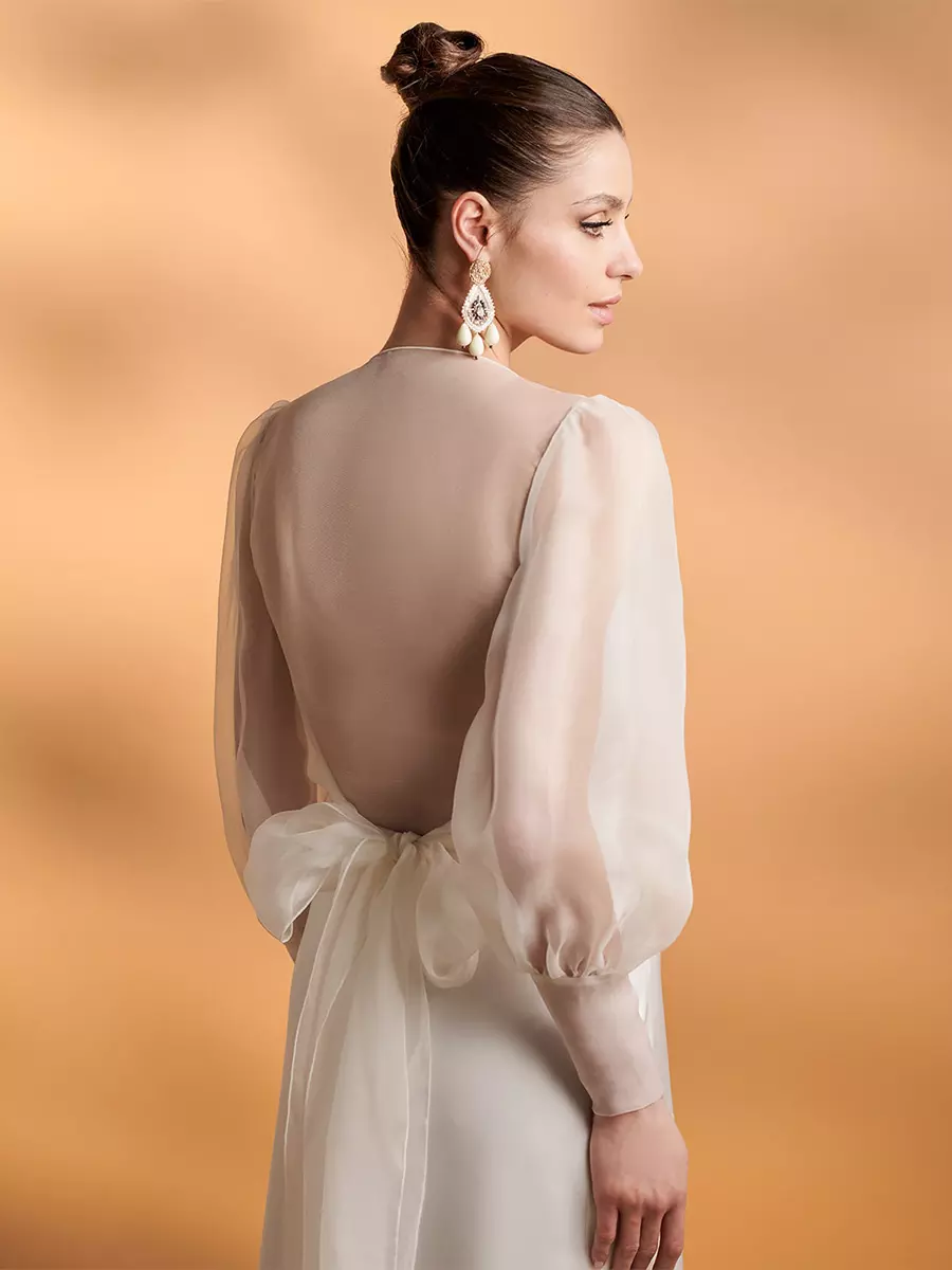 long sleeve shawls for dresses Vintage Inspired Wedding Wrap Ivory Long Sleeves V-Neck Puff Sleeves Shawls Organza Bridal Cover Up