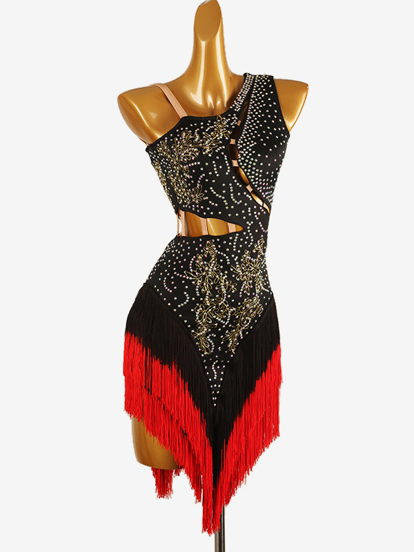 Costume de danse latine noir pour femmes robe en Lycra et Spandex dos nu Sexy franges et strass Costume de danseuse latine