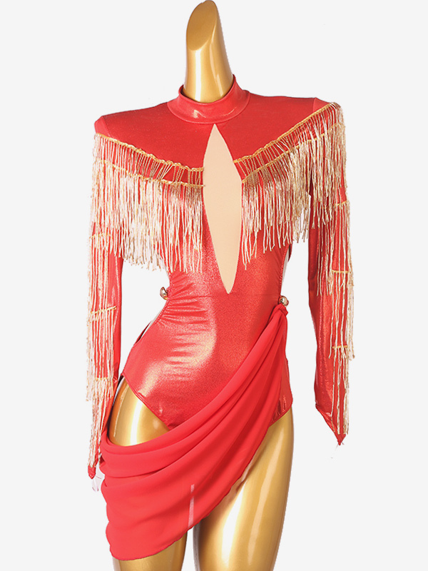 Costume de danse latine rouge pour femmes robe asymétrique en Lycra et spandex à franges vêtements de danse