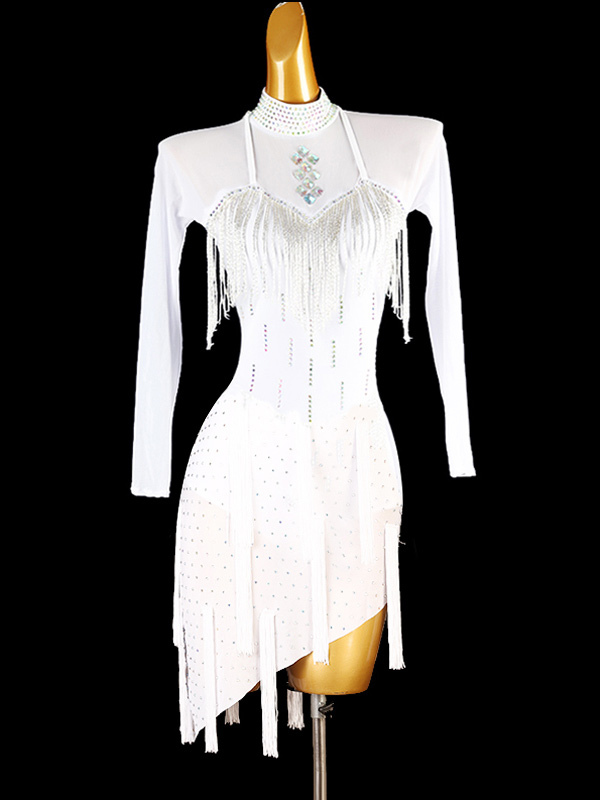 Costume de danse latine blanc pour femmes robe en Lycra et Spandex paillettes frange vêtements de danse latine