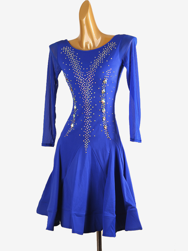 Costume de danse latine bleu Royal robe en Lycra et Spandex pour femmes paillettes élégantes Costume de danse latine