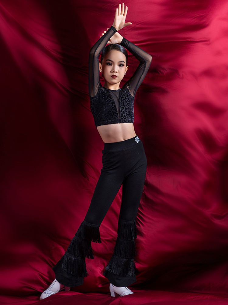 Costume de danse latine pantalon en Polyester noir pour fille haut vêtements de danse latine