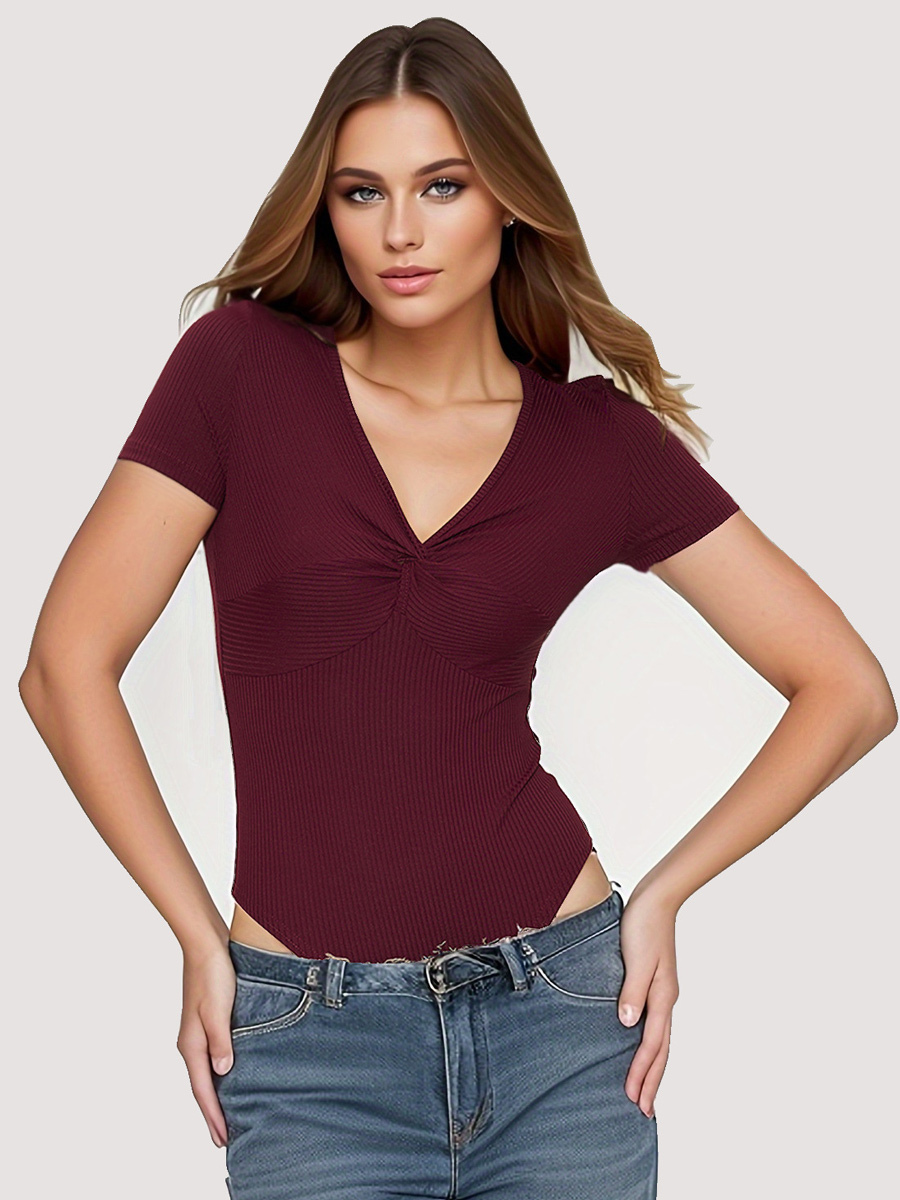 Body manches courtes bordeaux plissé col en v décontracté Polyester haut pour femme