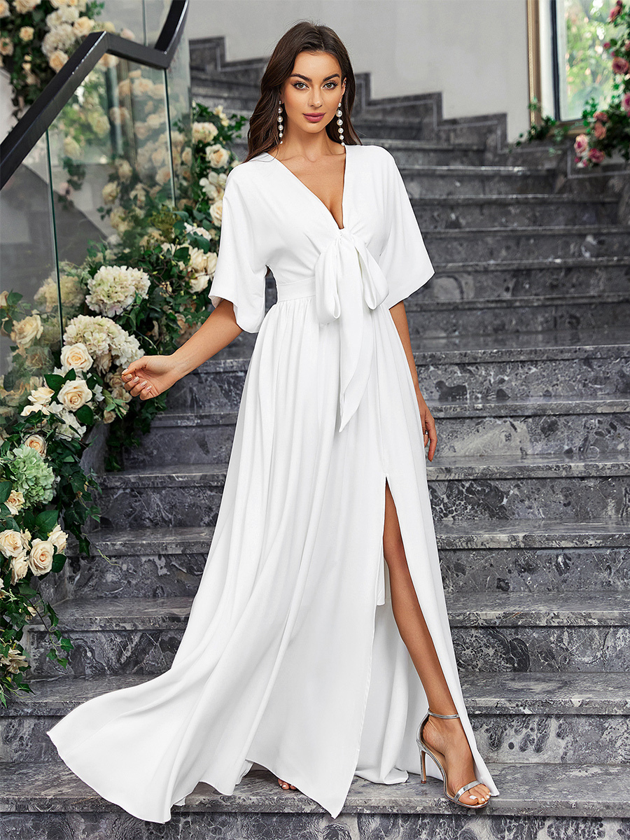 Robes De Soirée Robe Semi-Formelle Blanche À Col En V Nouée À Demi-Manches Fente Haute