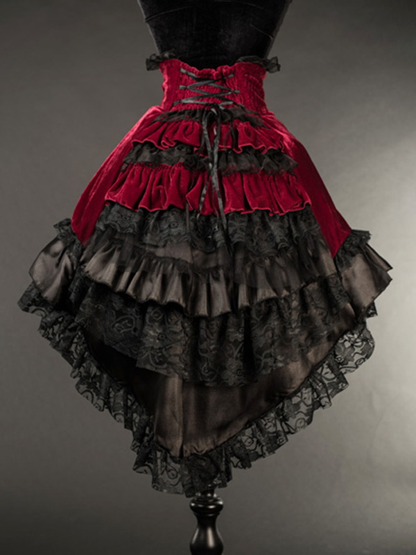 Jupes gothiques Lolita SK noires en dentelle à lacets