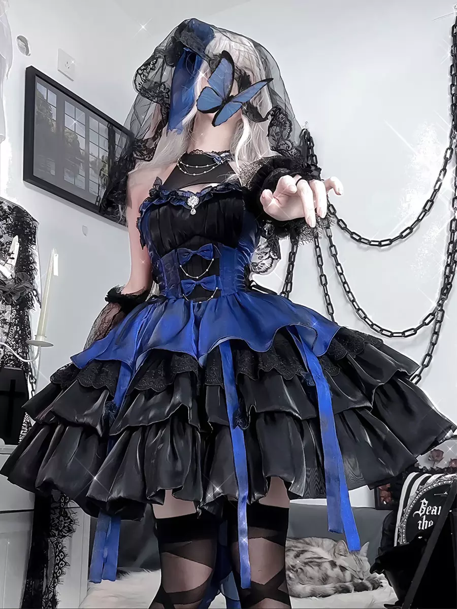 Vintage Inspired Gothic Lolita Dresses sleeveless Ruffles Layered puffy Dress Blue Black Butterfly Cosplay costumes