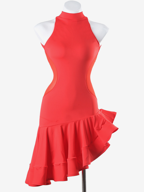 Costume de danse latine rouge pour femmes robe sexy en lycra et spandex à volants et dos nu