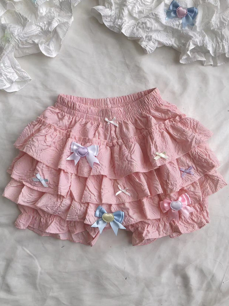 Short Lolita évasé rose avec nœuds et volants