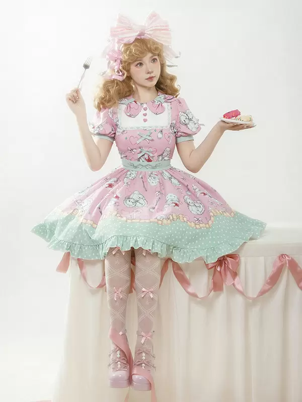 ピンク×ミントグリーンフリルロリータドレス かわいい ピンク×ミントグリーンフリルロリータドレス かわいい
