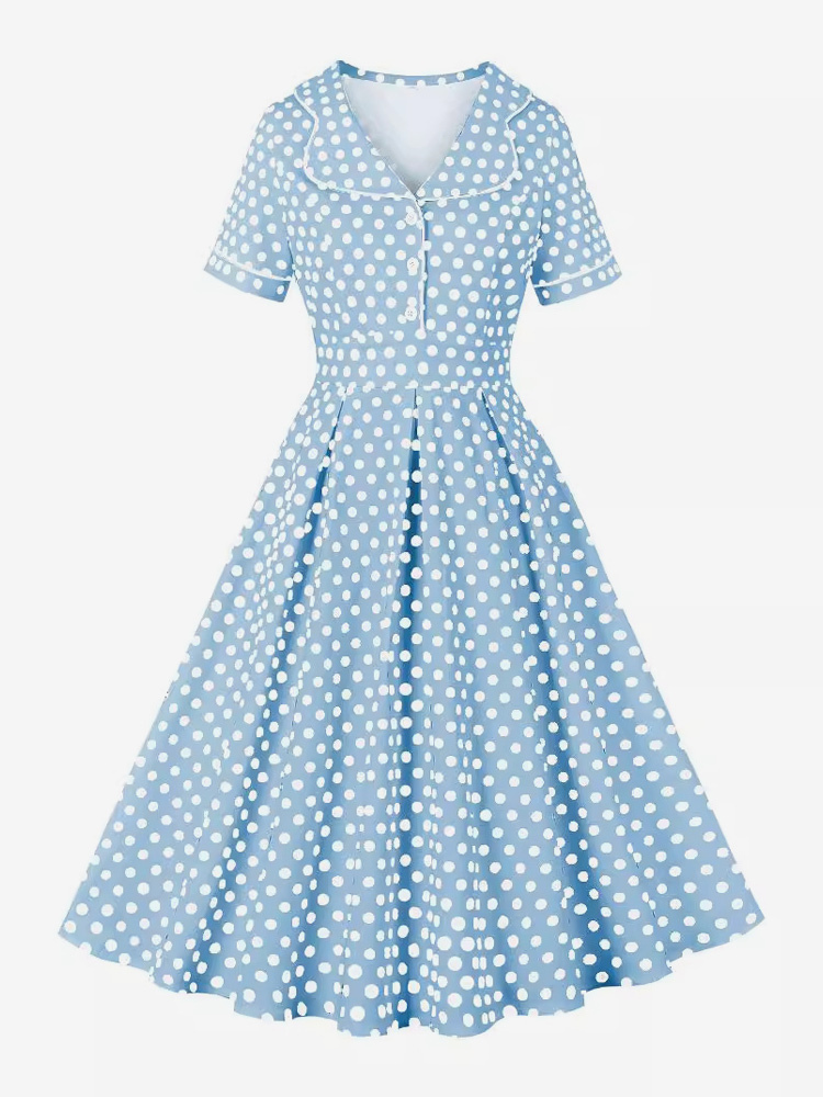 Robe vintage années 1950 style Audrey Hepburn bleu ciel clair à pois boutons manches courtes col rabattu robe trapèze