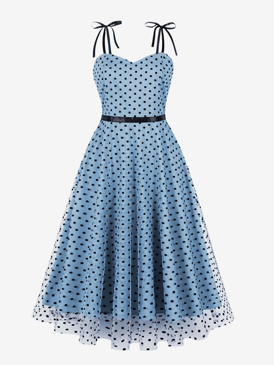 Robe vintage années 1950 style Audrey Hepburn bleu ciel clair bicolore ceinture sans manches bretelles cou robe rockabilly moyenne