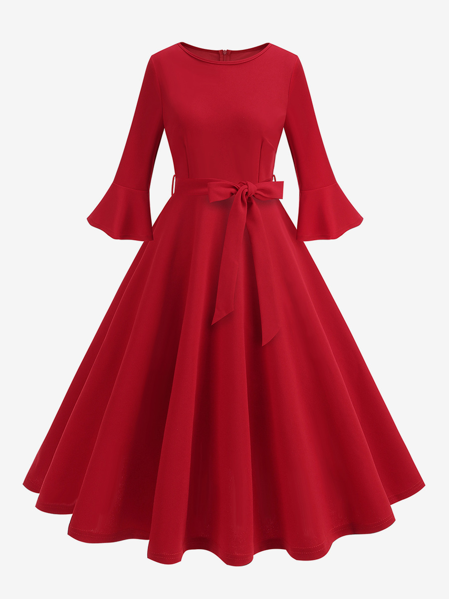 Robe rétro années 1950 style Hepburn col bijou ceinture manches 3/4 robe rockabilly rouge