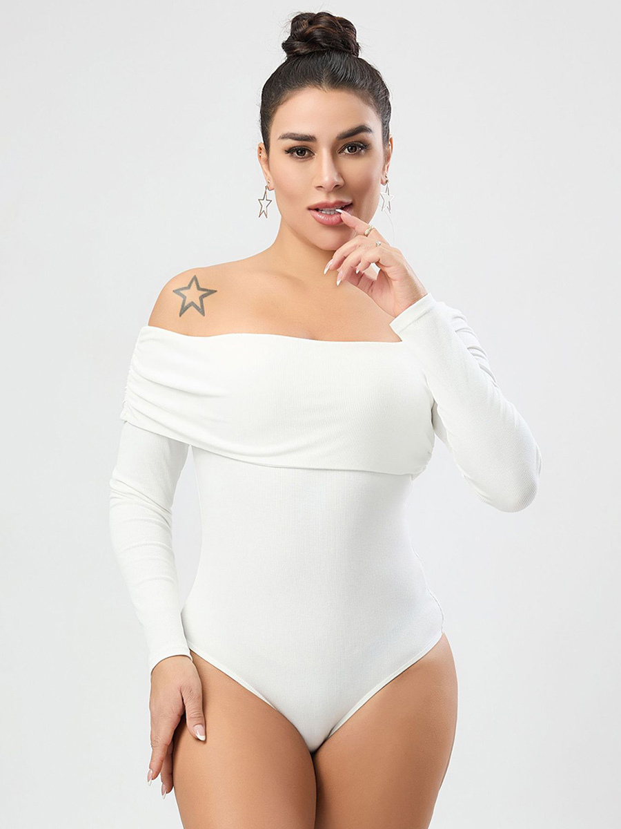 Body À Manches Longues Col Bateau Blanc En Polyester Pour Femme