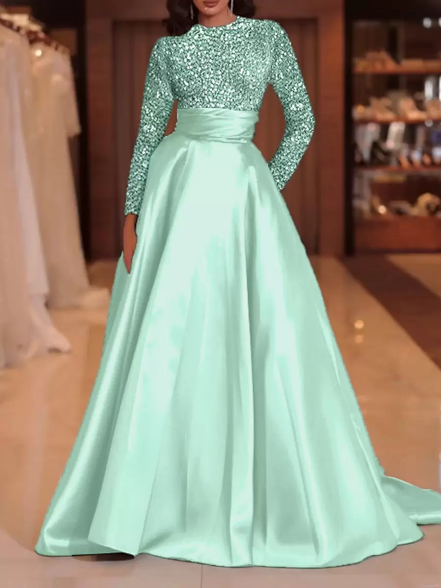 Evening Dress Ball Gown Jewel Neck With Train Long Sleeves Zipper Sequins Velour Social Pageant Dresses