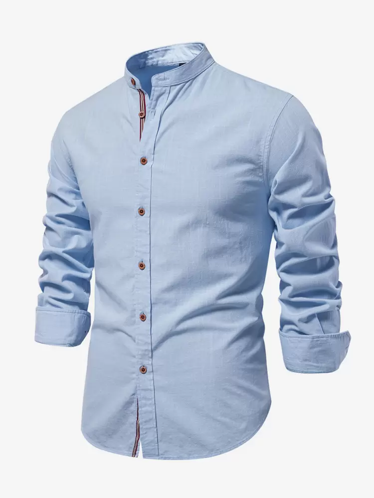 Light Sky Blue-Men’s Slim Shirt Cotton and Linen Casual Single Breasted Solid Color Long-Sleeved Shirt